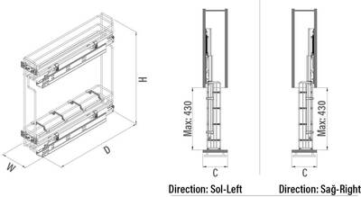 Starax S-2413-C Tandem Gizli Blum Raylı Şişelik Çift Açılım Sağ 15cm - 2