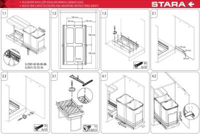 Starax S-2571-G Teleskopik Raylı Pls.Gövde Çöp Kovası Starax 24lt - 4