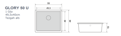 440032 QUARSTONE GLORY 50 U Antrasit Evye 49,5x40cm / Tezgah altı - 2