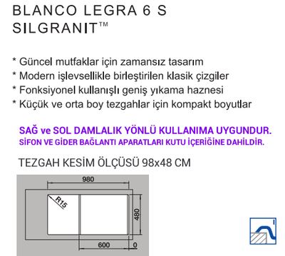 522207 SILGRANIT BLANCO LEGRA 6S ANTRASIT 1,5 Göz Granit Evye Blanco - 3