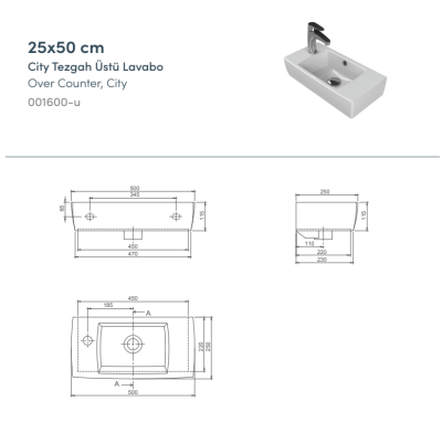 City Tezgah Üstü Lavabo 25x50cm sol - 3
