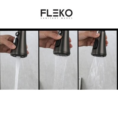 FLEKO Antrasit Yağmurlama Ankastre Evye + Armatür+kesme Tahtası+2 tepsi Seti 75x45x20cm Bıçaklık Bölmeli - 7