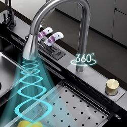 HİENS 50x100cm Antrasit Çelik Multifonksiyonel+Bardak yıkama+Arıtma+Yağmurlama+Sıvı Sabunluk+Bıçaklık+Buz çöme gözlü Evye - 3