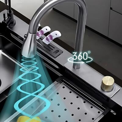 HİENS 50x100cm Antrasit Çelik Multifonksiyonel+Bardak yıkama+Arıtma+Yağmurlama+Sıvı Sabunluk+Bıçaklık+Buz çöme gözlü Evye - 3