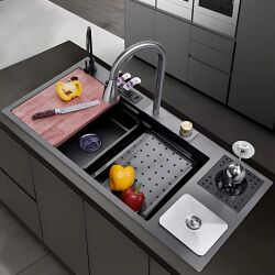 HİENS 50x100cm Antrasit Çelik Multifonksiyonel+Bardak yıkama+Arıtma+Yağmurlama+Sıvı Sabunluk+Bıçaklık+Buz çöme gözlü Evye - 2