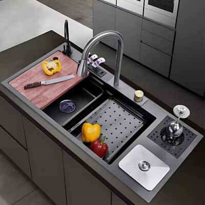 HİENS 50x100cm Antrasit Çelik Multifonksiyonel+Bardak yıkama+Arıtma+Yağmurlama+Sıvı Sabunluk+Bıçaklık+Buz çöme gözlü Evye - 2