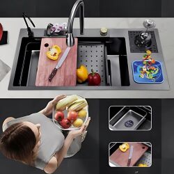 HİENS 50x100cm Antrasit Çelik Multifonksiyonel+Bardak yıkama+Arıtma+Yağmurlama+Sıvı Sabunluk+Bıçaklık+Buz çöme gözlü Evye - Hiens