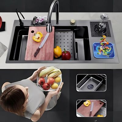 HİENS 50x100cm Antrasit Çelik Multifonksiyonel+Bardak yıkama+Arıtma+Yağmurlama+Sıvı Sabunluk+Bıçaklık+Buz çöme gözlü Evye - 1