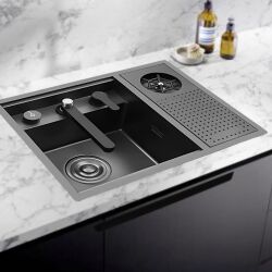 HİENS 60x45cm Fonksiyonel Kapaklı+Bardak Yıkama+Asansörlü Batarya+Kumandalı Sifonlu Evye - Hiens