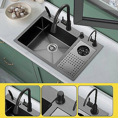 HİENS 60x45cm Tek Göz Bardak yıkama+Bıçaklıklı Antrasit PVD Evye - 1