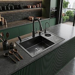 HİENS 60x45cm Tek Göz Bardak yıkama+Bıçaklıklı Antrasit PVD Evye - 3