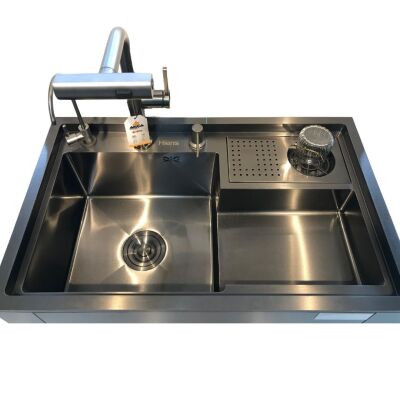 HİENS 78x48cm Antrasit Çelik 1,5 Gözlü Bardak Yıkama+Arıtma+Sıvı Sabunluklu Evye - 3