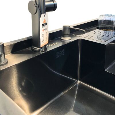 HİENS 78x48cm Antrasit Çelik 1,5 Gözlü Bardak Yıkama+Arıtma+Sıvı Sabunluklu Evye - 2