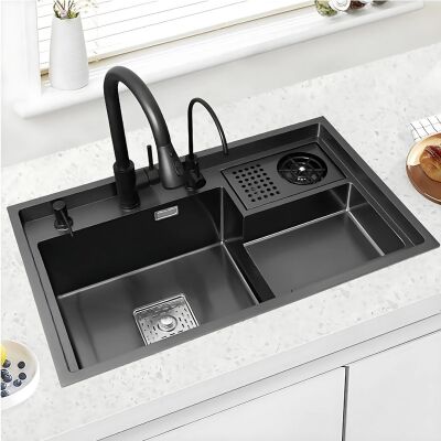 HİENS 78x48cm Antrasit Çelik 1,5 Gözlü Bardak Yıkama+Arıtma+Sıvı Sabunluklu Evye - 1