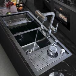 HİENS 90x45cm Antrasit Çelik 2 Gözlü Bardak Yıkama+Arıtma+Sıvı Sabunluk+Metal Örtü+Kumandalı Sifonlu Evye - Hiens