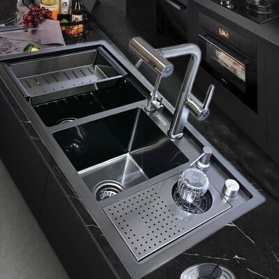 HİENS 90x45cm Antrasit Çelik 2 Gözlü Bardak Yıkama+Arıtma+Sıvı Sabunluk+Metal Örtü+Kumandalı Sifonlu Evye - 1