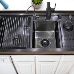 HİENS 90x45cm Antrasit Çelik 2 Gözlü Bardak Yıkama+Arıtma+Sıvı Sabunluk+Metal Örtü+Kumandalı Sifonlu Evye - 2