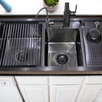 HİENS 90x45cm Antrasit Çelik 2 Gözlü Bardak Yıkama+Arıtma+Sıvı Sabunluk+Metal Örtü+Kumandalı Sifonlu Evye - 2