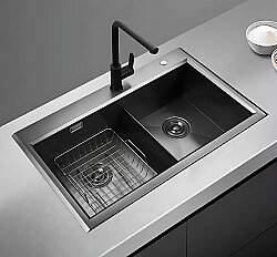 Hiens KARE 82x45cm Sepetli İki Gözlü Damlalıksız Tez.Üstü Evye Antrasit - Hiens