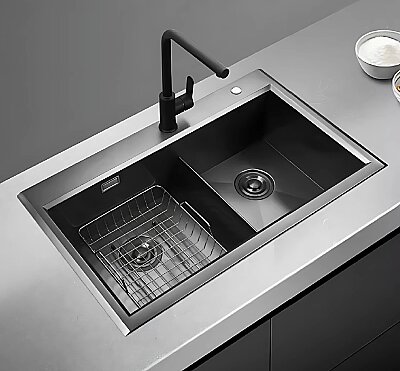 Hiens KARE 82x45cm Sepetli İki Gözlü Damlalıksız Tez.Üstü Evye Antrasit - 1