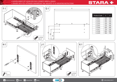 Starax S-2345-C Kapağa Mont. Çift Açılım Gizli Raylı Çekmece 55 cm Krom - 5