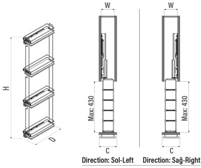 S-2918-A Çift Açılım Gizli Raylı 4 Spt.Ahş.Tab.Şişelik 15cm Sağ Antrasit - 3